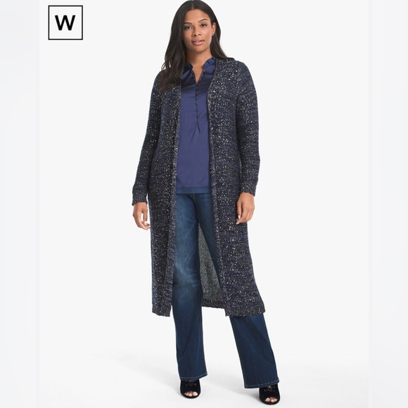 White House Black Market Sweaters - White House Black Market Navy Blue Sequin Duster Cardigan Size Large